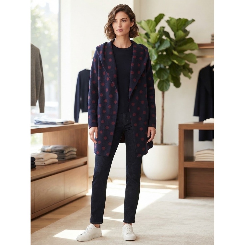 Field Flower Anthropologie Wool Polka Dot Hooded Cardigan Navy Burgundy Small